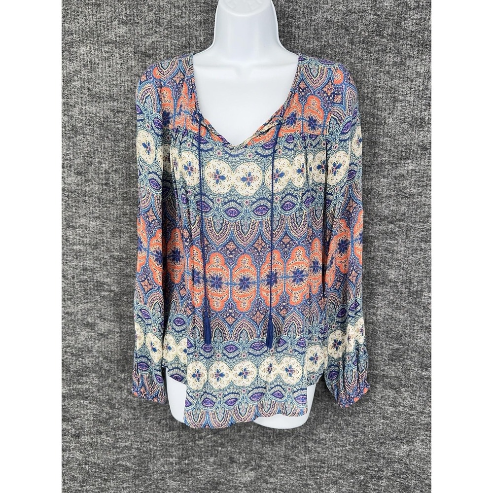 Lucky Brand Blouse Womens S Multicolor Paisley Tassel V Neck Boho Tunic Top